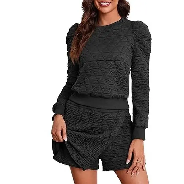 FISOEW Women's 2-Piece Loungewear Set, Casual Ruffle Long Sleeve Sweatshirt and Argyle Print Quilted Skort, Lady, Fitted, Springfashion, Sporty Chic, Longsleeves