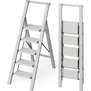 5 Step Ladder, Lightweight Folding Step Stool with ConvenientHandgrip,  330lbs Capacity Step Ladder forOffice,Household,Kitchen,Library(Grey) 435