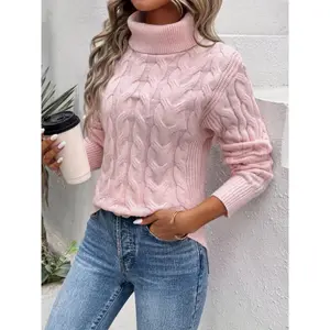 Cable Knit Turtleneck Sweater, Elegant Long-Sleeve Pullover for Autumn and Winter, Women’s Clothing