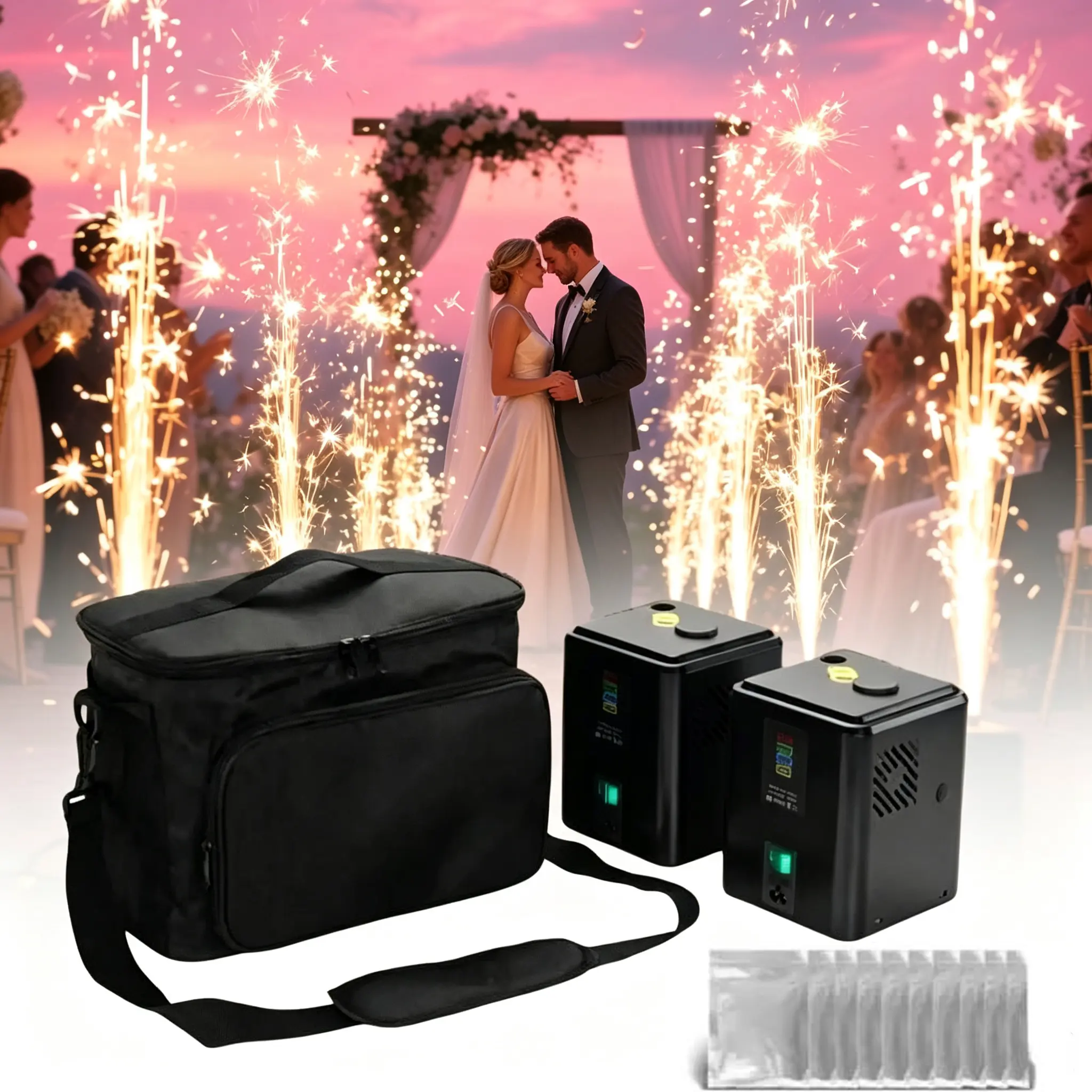 2-Pack 350W Cold Spark Machine Set - Remote Control, DMX Support, 3-5m Spark Display, Lightweight Compact Design, 20-Second Overheat Protection, 10 Consumable Packs, Carrying Case, Indoor/Outdoor Use - Ideal for Weddings, Celebrations