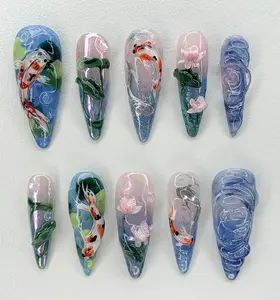 Koi Pond Bliss Press On Nails | Koi Floral Acrylic Nails | Serene Waters Nail Art | Blossoming Fake Nails | Fairy Garden Koi Nails Satamiis