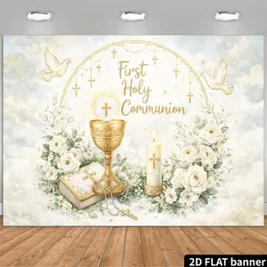 2D Flat Communion Ceremony Themed Backdrop Featuring Praying Figures, a Golden Chalice, Candles, a Bible, a White Dove, a Church, and White Flowers Against a Blue Sky with White Clouds and Green Fields, Creatin