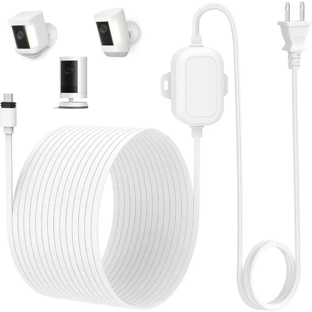 25ft Weatherproof Flat USB-C Outdoor Charging Cable with Power Adapter, Continuous Power Accessory for Outdoor Security Cameras, White, Flat Cable