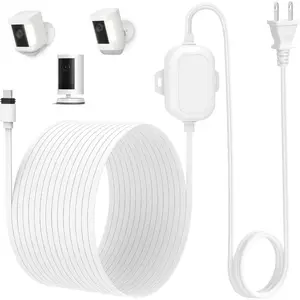 25ft Outdoor Charging Cable and Power Adapter, Weatherproof Flat USB-C Cord for Continuous Power to Outdoor Security Cameras, White, Accessories