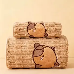 2-Pack Cute Water Buffalo Face Bath Towels Set, Super Soft Coral Fleece, Quick-Dry, Ideal for Spa, Gym, Hotel, Guest Bathroom