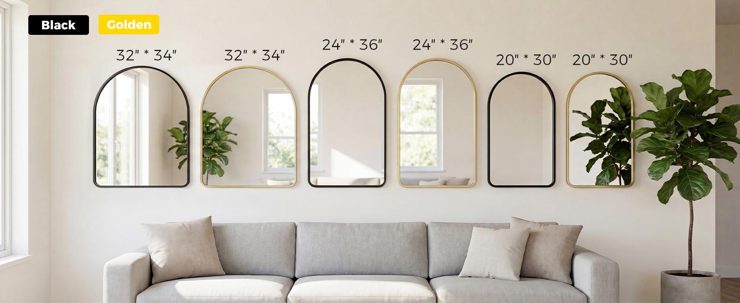 Luxury Arched Bathroom Mirror - Arch Wall Mirror with Shatterproof Tempered Glass and Metal Deep Frame, Hanging or Leaning for Living Room, Dresser, Entrance and Hallway