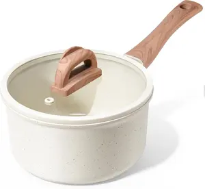 Ceramic Nonstick Saucepan with Lid, 2.0 QT Small Non Stick Stock Pot with Stay-cool Handle, Induction Compatible Cooking Pot with White Granite Coating, Easy to Clean Non-toxic Kitchen Cookware
