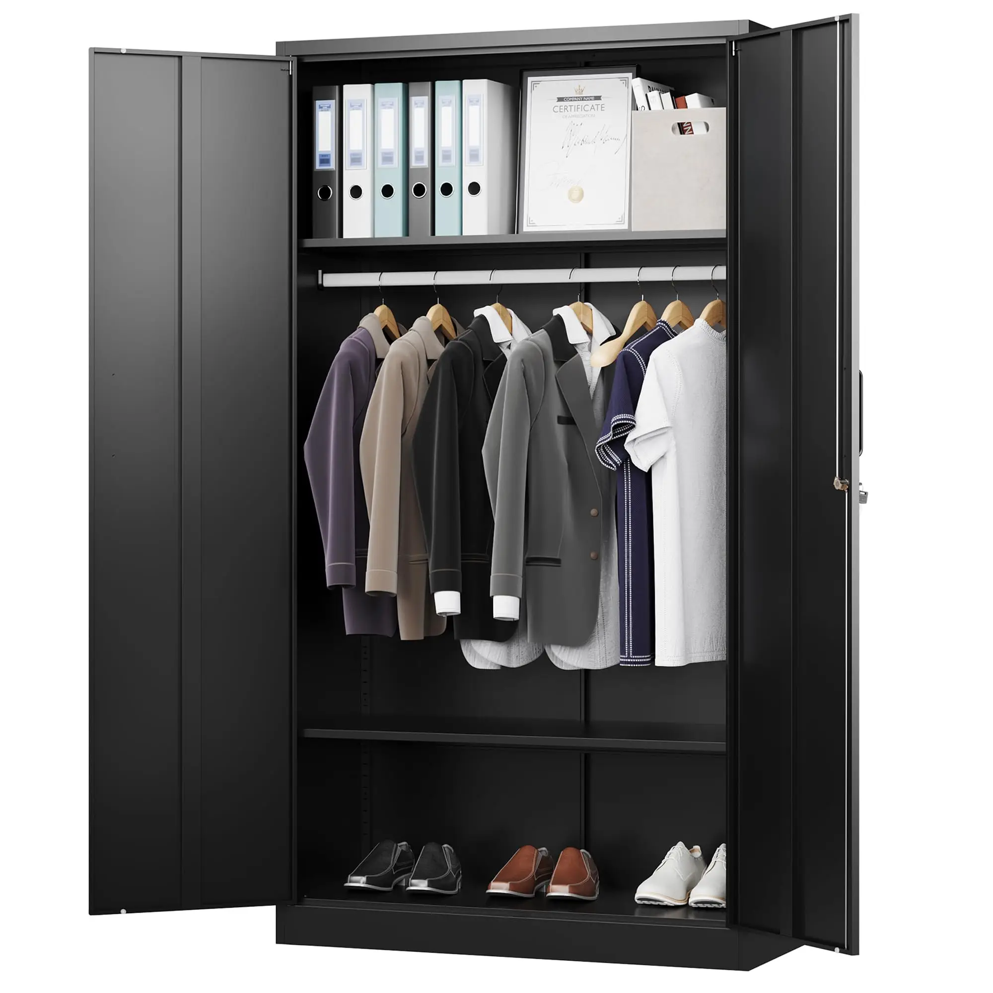 Letaya Metal Wardrobe BLack Cabinets with Lock, Clothing Locker 72" X 36" X 18" for Home, Fire Department, School, Employee, Gym, Government