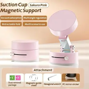 Magnetic Selfie Stick Pink Vacuum Magnetic Phone Holder Adjustable Foldable Multifunctional Cell Phone Mount for Car Office and Selfies with Alcohol Pad Magnetic Guide Sheet and Hexagonal Wrench