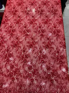 Rouge Hand-Beaded Chantilly Lace - Deep Red Floral Pattern with Intricate Beadwork for Bridal Receptions & Evening Gowns