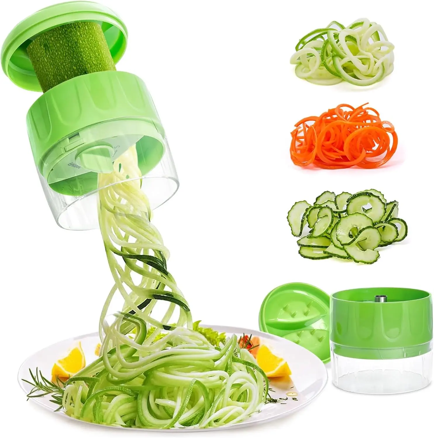 3-in-1 Vegetable Spiralizer Slicer, Adjustable Mandoline Spiral Cutter for Zucchini Noodles, Carrots, Cucumber (Green)