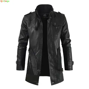 Winter Men's Thick Fleece Leather Jacket Coat Long Outwear Fashion Warm Casual Vintage Clothing for Men Steampunk Biker
