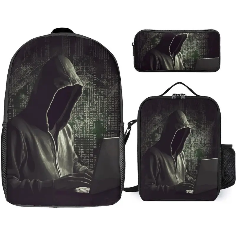 Hacker 3 Piece Backpack Set with Lunch Bag And Pencil Case Travel Laptop Bags Lightweight Causal Daypack for Women Men
