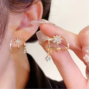 Micro-Inlaid Zircon Earring-Style Stud Earrings With Silver Needles,DDES0096  Featuring An Elegant And Fashionable Design, Inlaid With Eight-Pointed Star Zircons