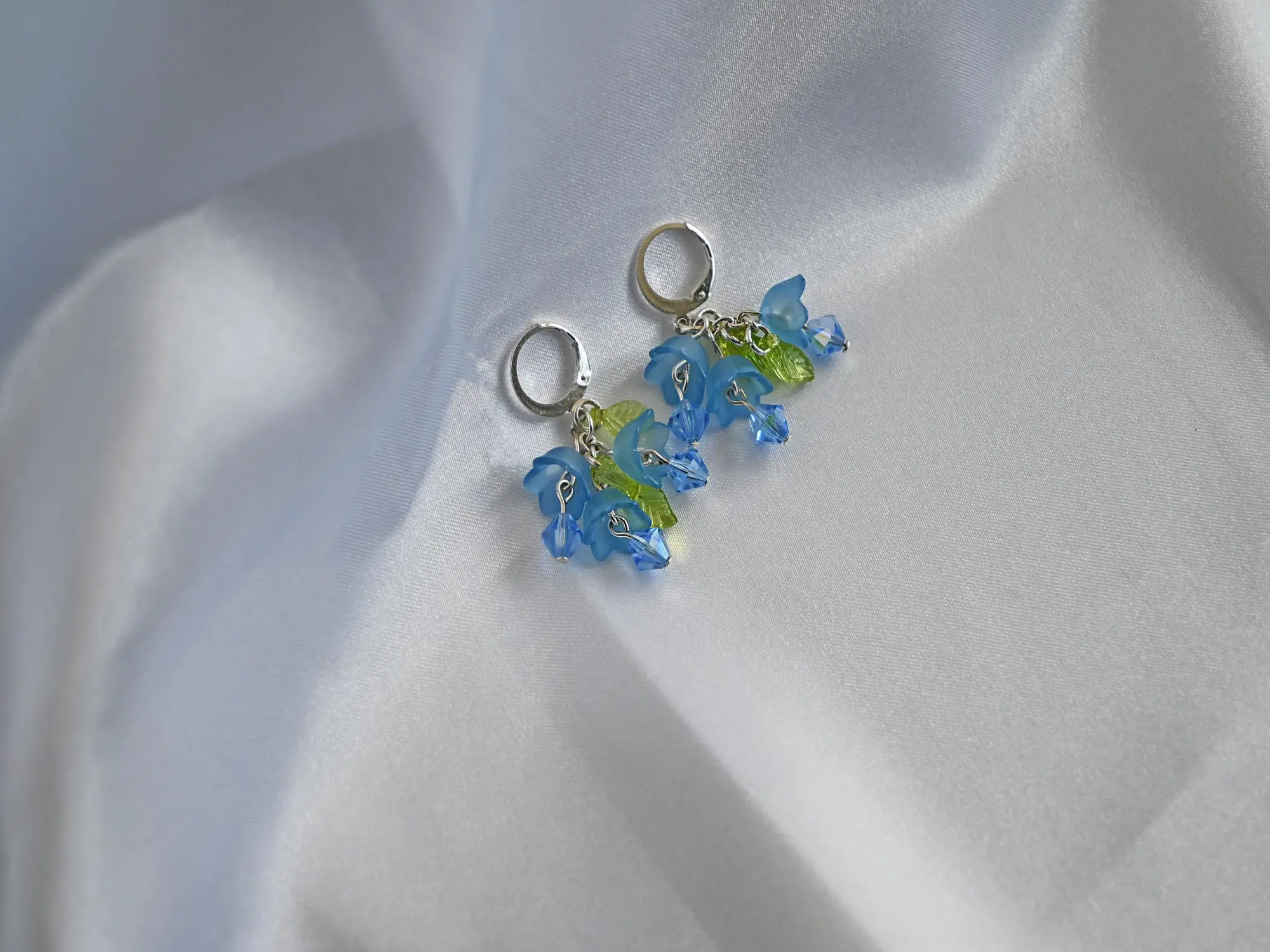 Blue Lily of the Valley Bell Flower Earrings May Birth Flower Dangles Stainless Steel Hook Whimsical Bluebell Dainty Spring Earrings with Acrylic & Czech Crystal Beads