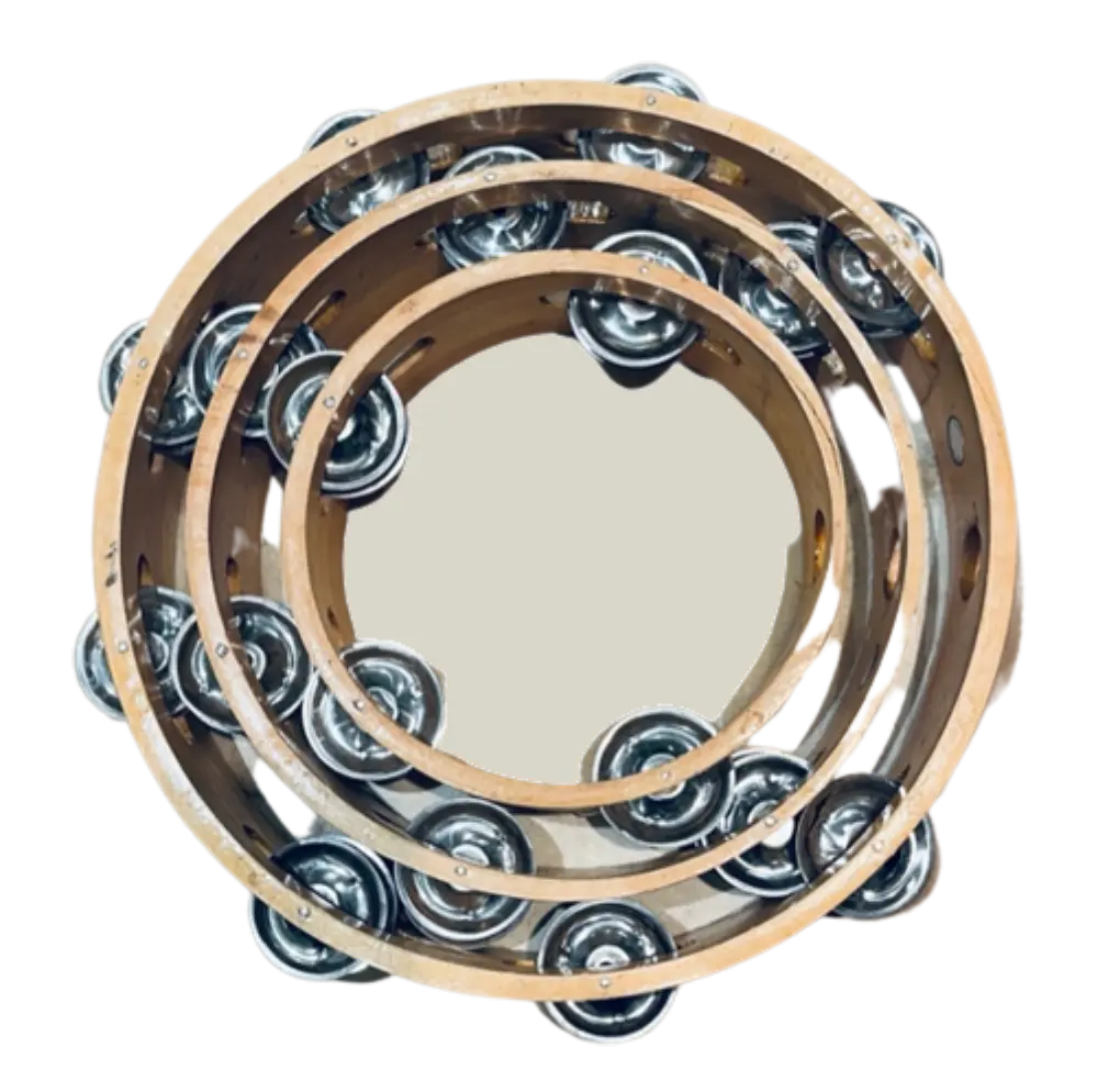 3-Piece Single Row Wooden Tambourine Set (cp-sr-3set), 6in, 8in, 10in Sizes, Wood Frame, Natural Goat Skins (Natural Skins), Stainless Steel Jingles, 2 lb.