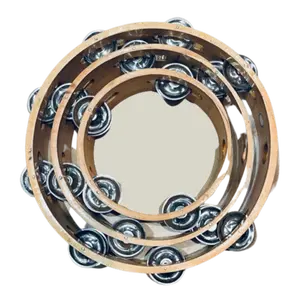 Set Of Three Single Row Wooden Tambourine. 10, 8, 6 Inches Size, Stainless Steel Jingles, Natural Goat Skin Heads