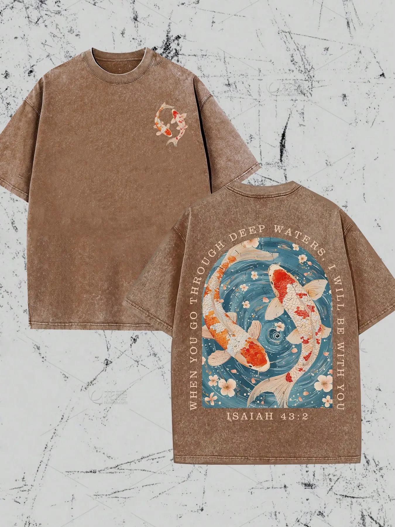 Vintage Koi Fish Christian T-Shirt, Isaiah 43:2 Scripture Washed Brown Cotton Oversized Short Sleeve Tee, Retro Faith-Based Front & Back Print Casual Crewneck Shirt