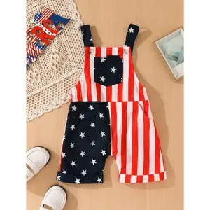 Toddler Baby 4th Of July Outfit Girl Boy American Flag Overall Shorts Suspender Denim Jumpsuit With Pocket