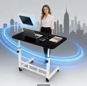 (1pc Pack) Adjustable Height Rolling Mobile Table Desk - Heavy Duty Foldable Computer Desk with Storage Shelf, Wood/Metal Frame Space-Saving Workstation Office, Bedroom, Easy Assembly
