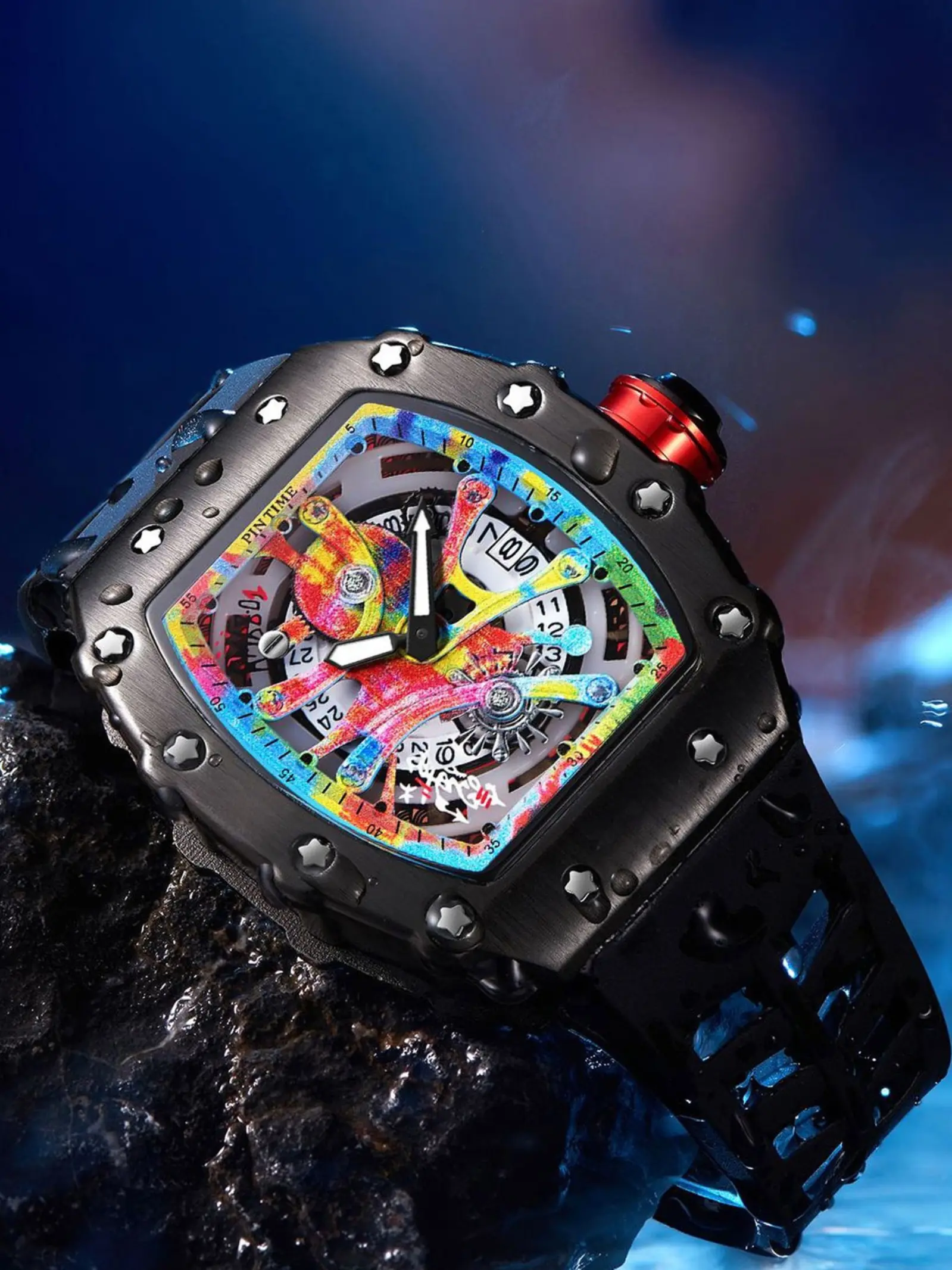 Men's Barrel Shape Mechanical Style Colorful Graffiti Hollow Design Trendy High-End Casual Calendar Waterproof Men's Trendy Multifunctional Street Trend Analog Watch Barrel Shaped Watch Waterproof Wristwatch