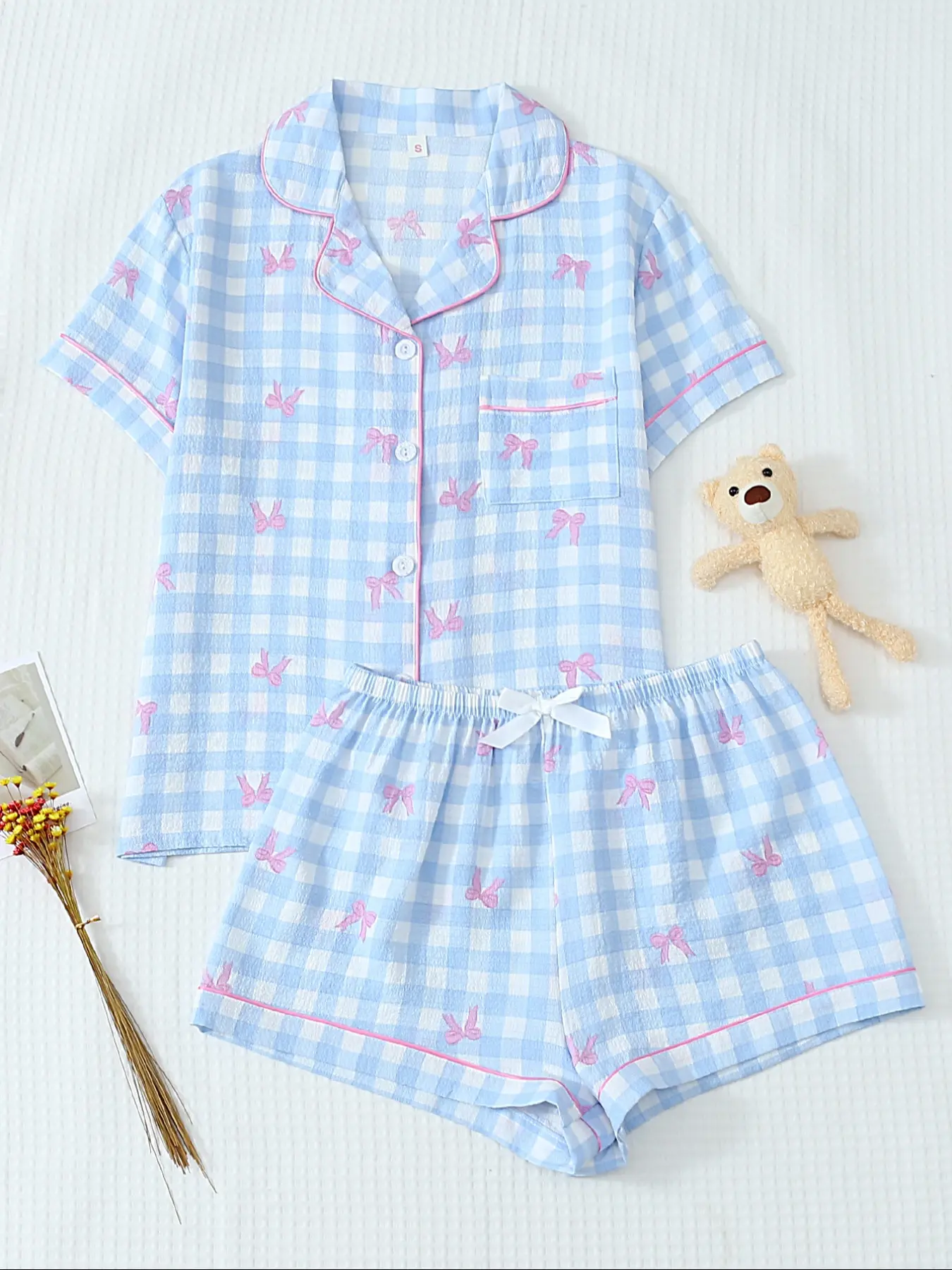 Women's Two-Piece Pajama Set Pjs, Checkered Woven Fitted Cute Casual Comfortable Lapel Pocket Shirt Short Sleeve + Elastic Waist Shorts, All-Season Sleepwear Loungewear
