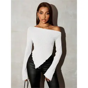 Work clothes style asymmetrical collar ribbed knitted sweater, autumn knitted fashionable women's top