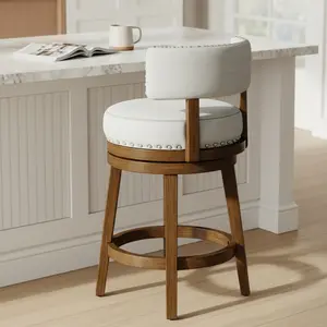 COLAMY RENO Bar Stool Set Wooden Upholstered Swiveling Vintage Dining Chair with Ergonomic Backrest 360° Swivel Rubberwood Frame 300 lbs Capacity