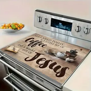 1pc 2D Stovetop Protector Mat |   Coffee Text, Coffee-themed Items Design, Stylish Heat-Resistant & Anti-Slip, Easy Cleaning, 28.3x20.5in, Polyester, Perfect for Kitchen, Washing Machine, Dryer, Glass Cooktop Protector