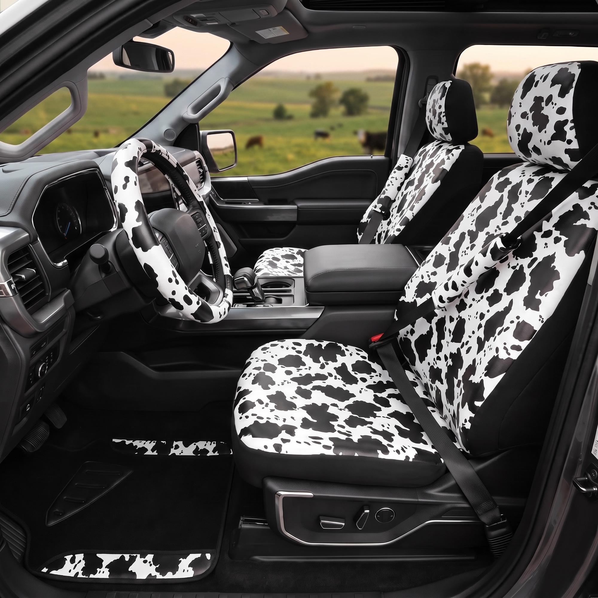 Cow Print Car Seat Covers Full Set, 11PCS Cute Cow Pattern Car Accessories Kit with Steering Wheel Cover, Seat Belt Pads & Floor Mats, Universal Fit for Cars SUVs Trucks