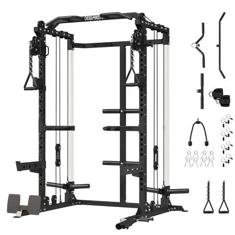 Cofiyard Steel Power Cage with 1:1 Pulleys for Clean Reps - Compact Design Home Gym Combo, Space-Saving Squat Rack, Cable Crossover Equipment, 4 Built-In Hooks, 2500 lbs Capacity, 16 Cable Heights, Integrated Storage, Professional Accessories