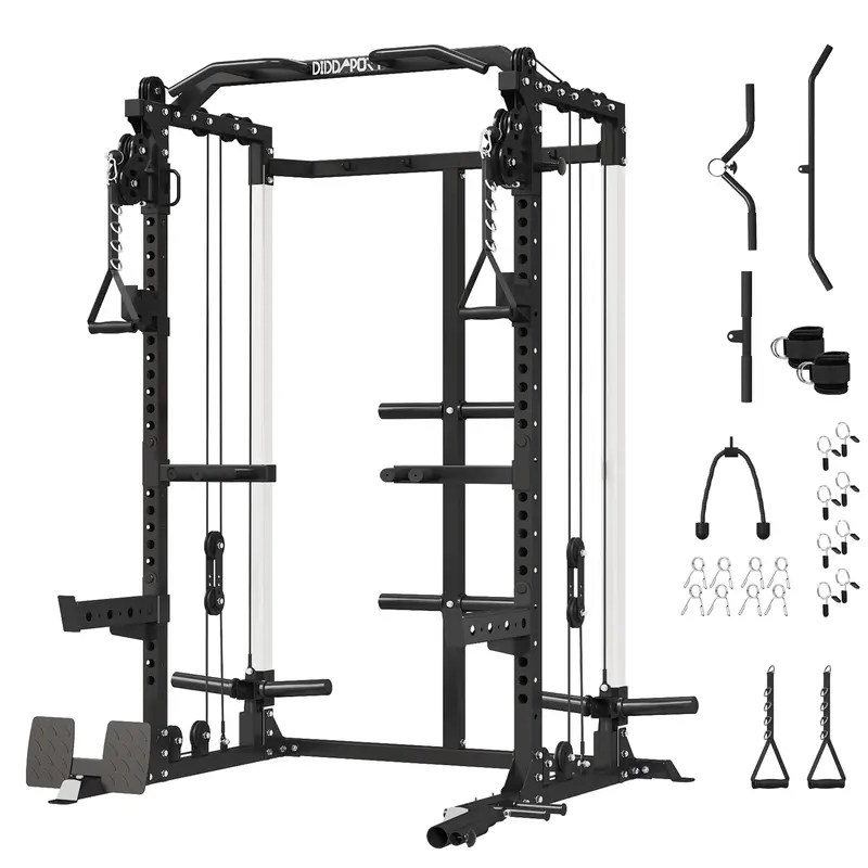 Cofiyard Steel Power Cage with 1:1 Pulleys for Clean Reps - Compact Design Home Gym Combo, Space-Saving Squat Rack, Cable Crossover Equipment, 4 Built-In Hooks, 2500 lbs Capacity, 16 Cable Heights, Integrated Storage, Professional Accessories