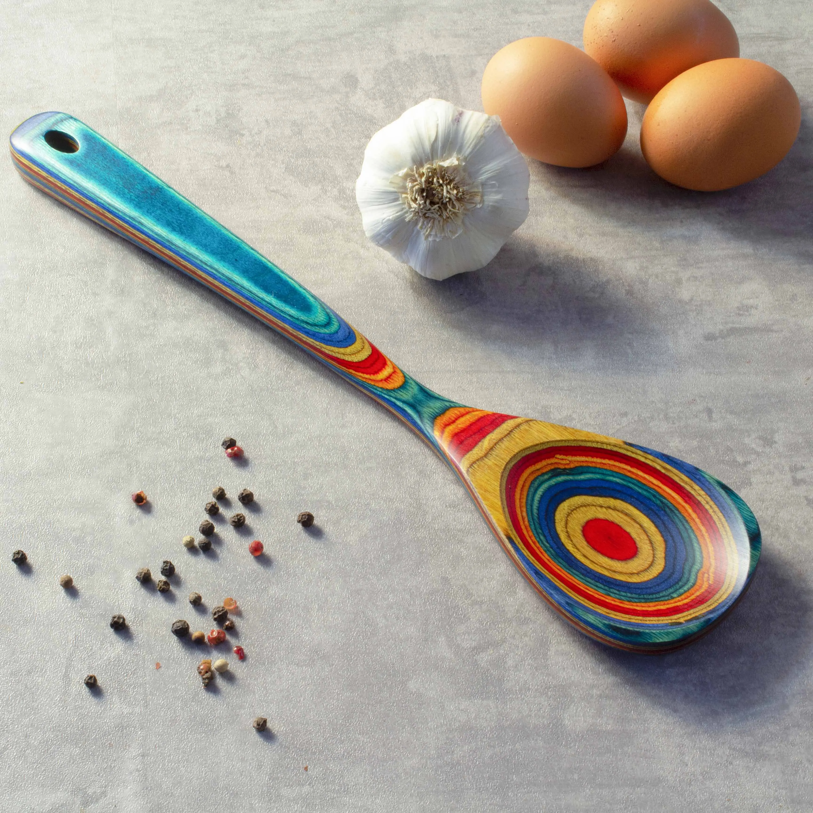 Baltique Montego Bay Collection Cooking Spoon, 12-1/2" - Colorful Birch Teal Gold Red Orange Design for Stirring & Serving - Safe on Non-Stick Cookware with Hanging Hole