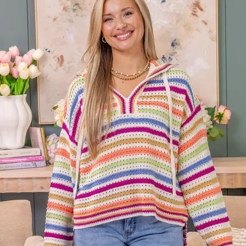 Women's Long Sleeve Casual Knitting Tops - Lightweight Striped Drawstring Pullover by DD Design, S-3XL