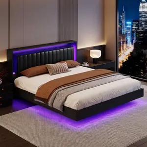 [Summervibes]Belffin Queen Bed Frame with Headboard & Footboard, Bed Frame with Built-in Charging Station & LED Light, Storage Shelf, Noise-Free, No Box Spring Needed, Easy Assembly, Classic Black