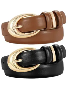 2 Pack Women Leather Belt for Jeans Pants Fashion Statement Belts Ladies Skinny Leather Belt with Gold Buckle