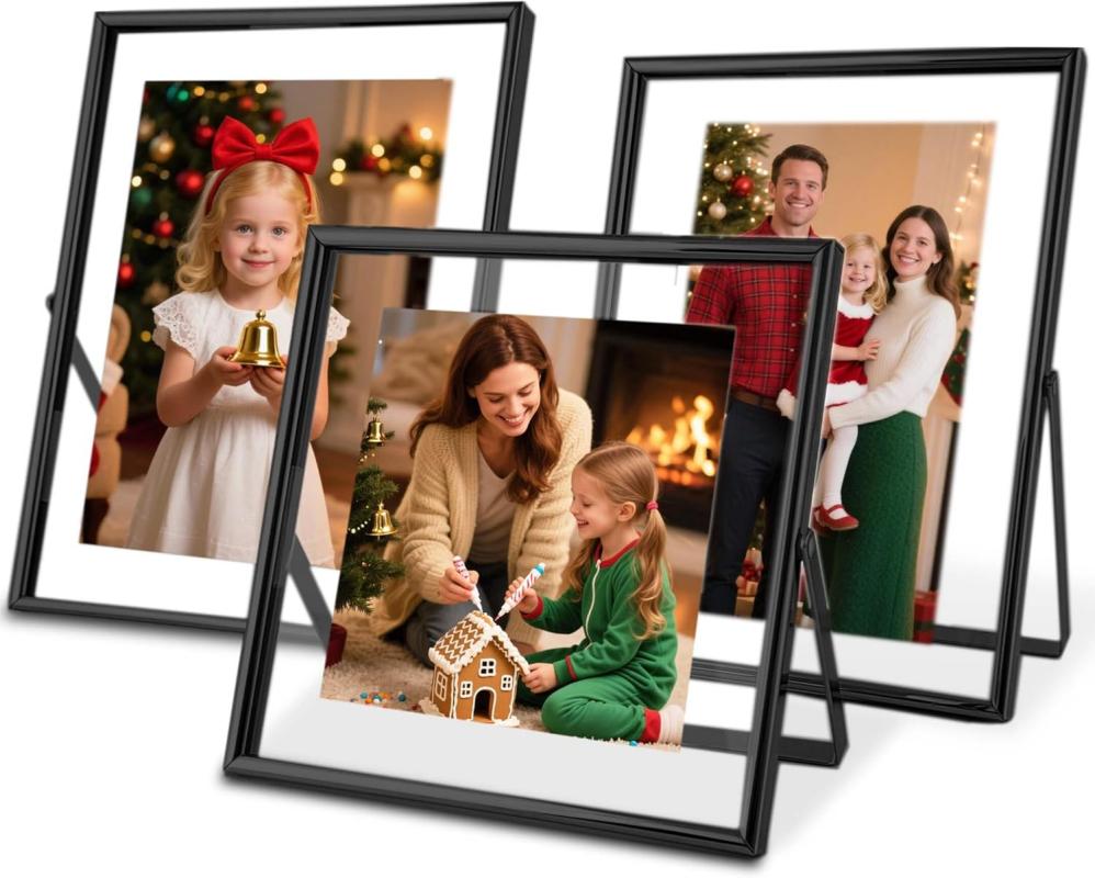 Black Floating Picture Frames - Set of 3, for Photo Size 4×4, 4×6, 5×7, Vertical Tabletop Display, Double Glass Metal Frame for Wedding, Home or Office Desk Decoration