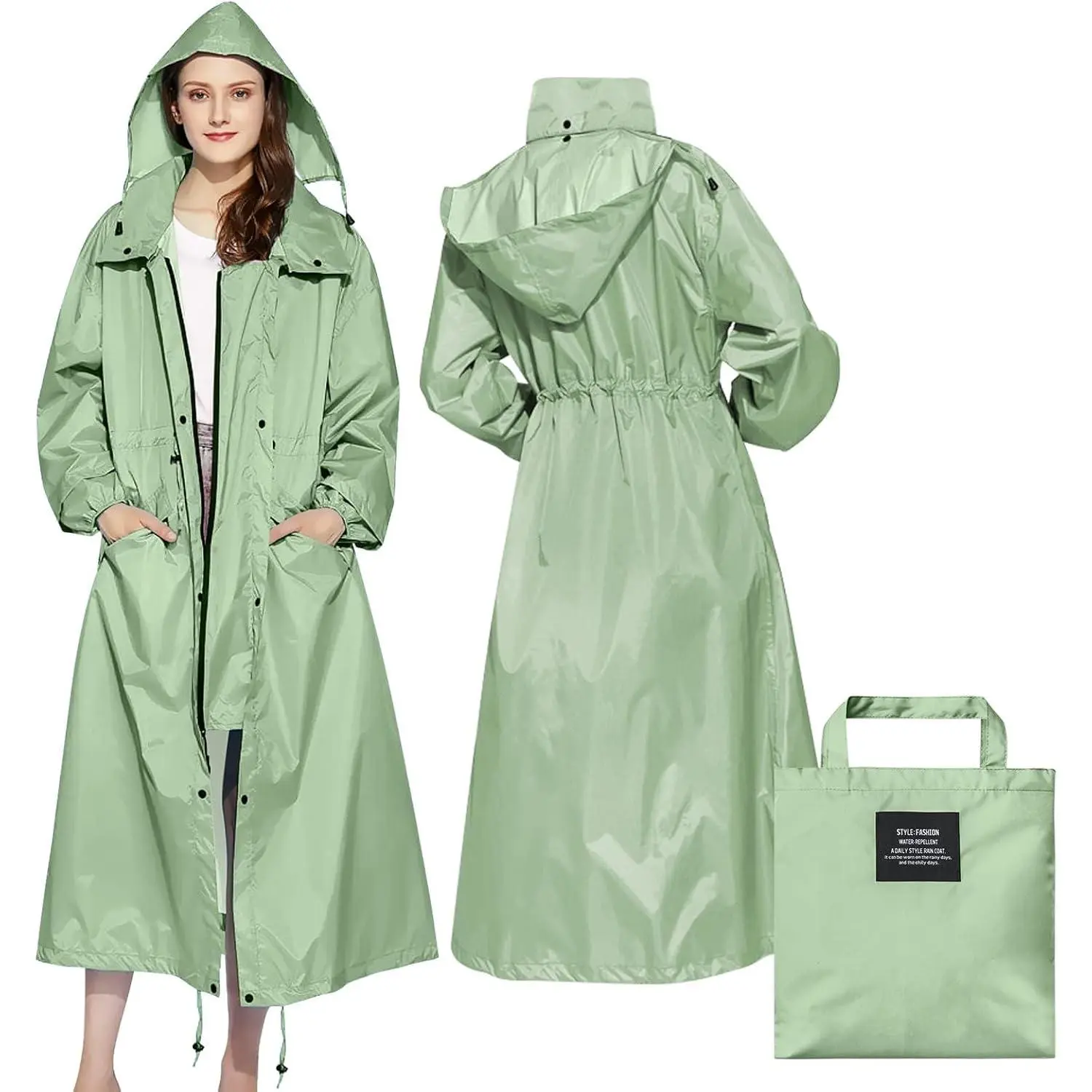 Women's Fitted Knee-Length Waterproof Trench Coat - Long Sleeve Button-Style Lightweight Hooded Windbreaker, Adjustable Waist Quick-Drying Portable Travel Raincoat for Casual Outdoor Wear with Shorts, Jeans, Leggings, Slacks
