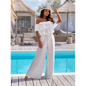 Women's Casual Off-the-Shoulder High-Waist Wide-Leg Romper with Lace-Up Design, Solid Color Polyester Ruffled Edge, Summer One-Piece Outfit for Adults, Machine Washable