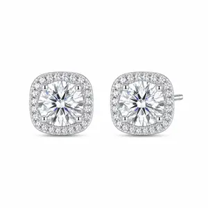E-001WZ-LuxeStone Cushion Halo Moissanite Stud Earrings - 0.5CT, Stainless Steel