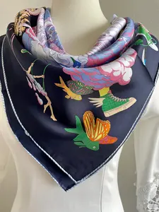 100% Silk Twill Scarf Large Shawl Silk Bandana Silk Hair Head Scarf 35x35” 90x90cm “Fun in Clouds” Dark Navy Silk Scarf Square Unisex Gifts