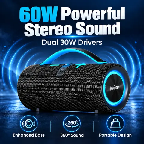 Lewinner Multifunctional Portable Subwoofer Speaker, 60W Rechargeable Bluetooth 5.3 Speaker with Dual 30W Drivers, Deep 60W Bass, Waterproof Design, RGB Lights, TWS Pairing & 20H Battery Life for Outdoor Parties