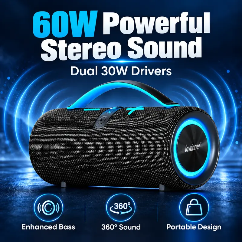 Lewinner Multifunctional Portable Subwoofer Speaker, 60W Rechargeable Bluetooth 5.3 Speaker with Dual 30W Drivers, Deep 60W Bass, Waterproof Design, RGB Lights, TWS Pairing & 20H Battery Life for Outdoor Parties