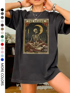 Women's Halloween Graphic Tee, Vintage Skull Skeleton Moon Print Round Neck Top, Casual Loose Fit Summer Shirt, Daily Wear Outdoor Clothing, Lady Everyday