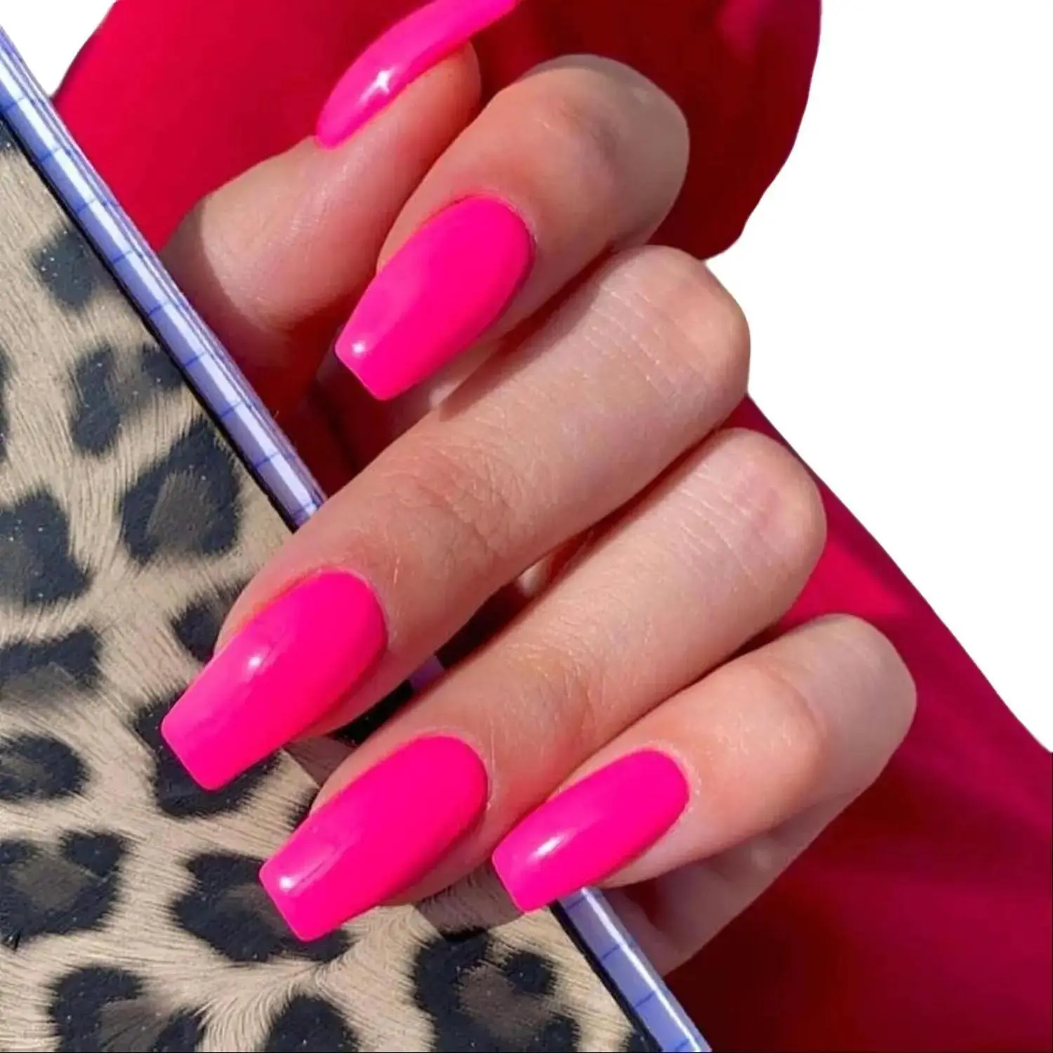 Hot Pink Press on Nails – Neon Coffin Fake Nails Medium Square, Glossy Fuchsia Acrylic Stick on Nails, Reusable Gel Glue on Nails for Women Summer Manicure