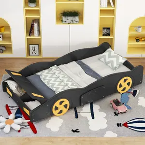 Twin Size Race Car-Shaped Platform Bed with Wheels and Storage, Black+Yellowbed frame