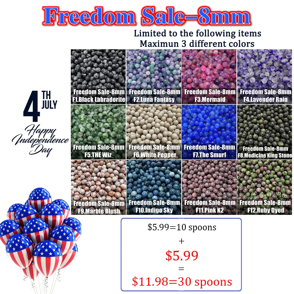 [8mm] Crystal Beads. $5.99=10 spoons.