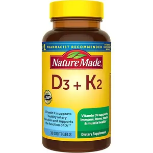 Nature Made Vitamin D3 K2 Supplement, 5000 IU (125 mcg) Vitamin D for Bone, Teeth, Muscle and Immune Support, 30 D3 and K2 Softgels, 30 Day Supply