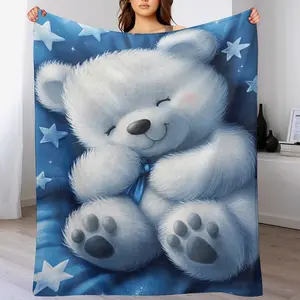 Sleepy White Teddy Bear on Blue Starry Night Blanket, Cute Nursery Throw, Soft Cozy Crib Blanket for Baby Boys, Perfect Newborn Gift