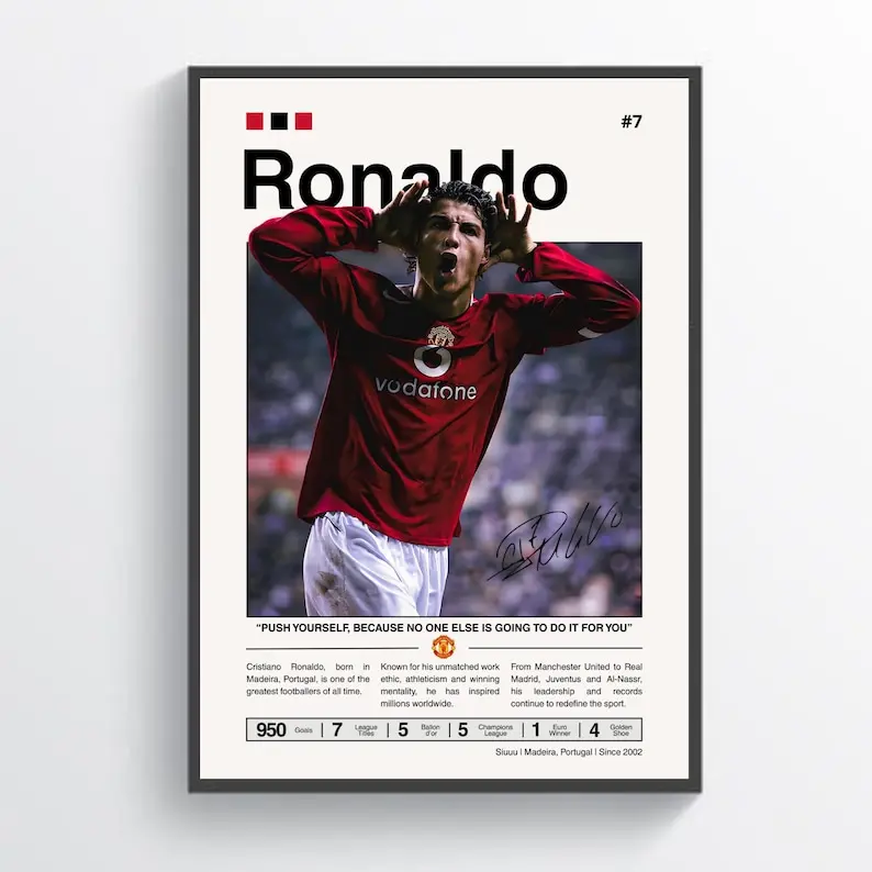 Cristiano Ronaldo Poster, Ronaldo Manchester United, Framed Man Utd Print, Premier League Decor, Football Artwork, Wall Art Ronaldo United